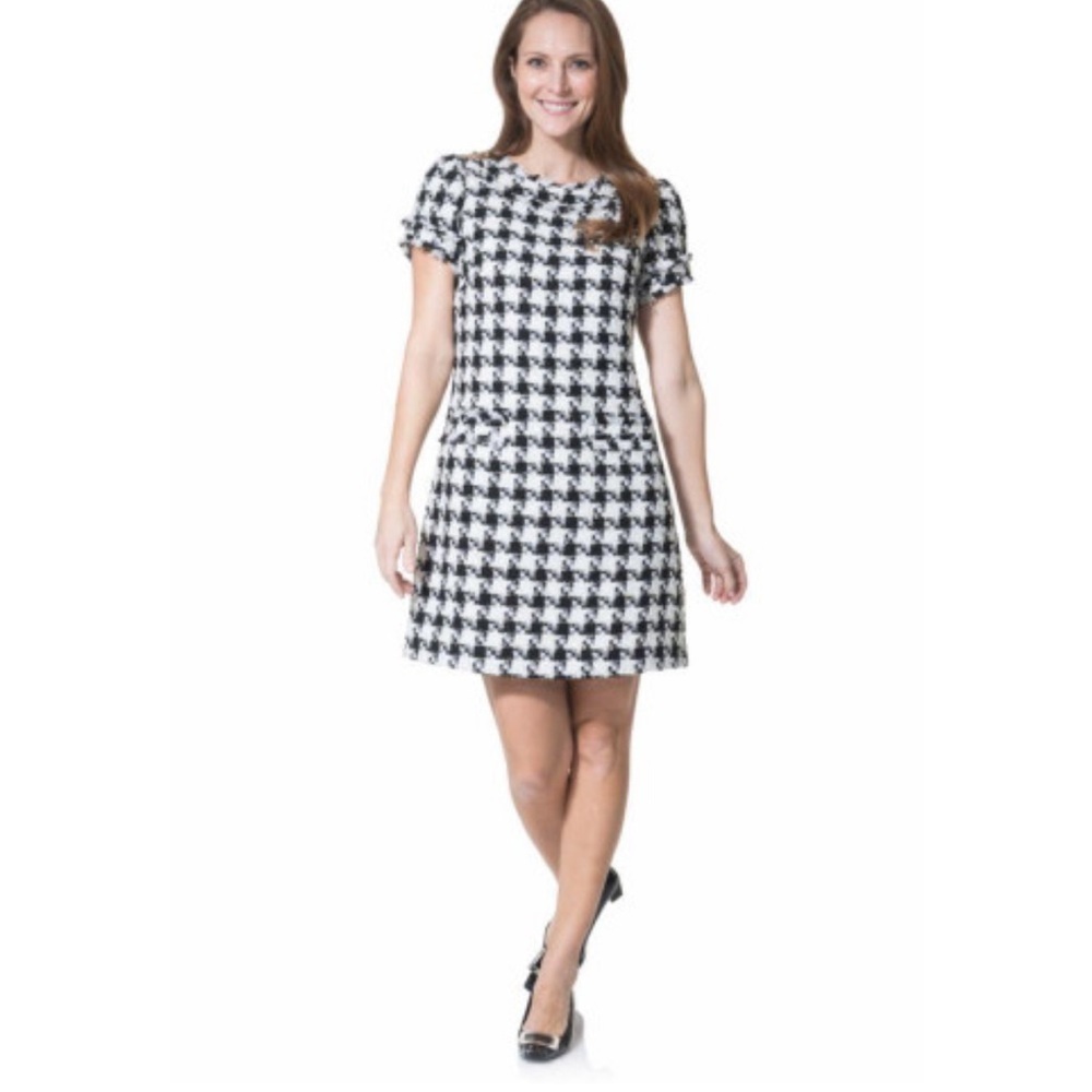 Sail to Sable black white tweed shift dress short sleeve size 4 metallic threads